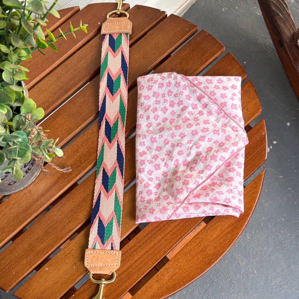Meanwhile, Back On The Farm 19 inch pink Chevron webbing strap with MBOTF scarf